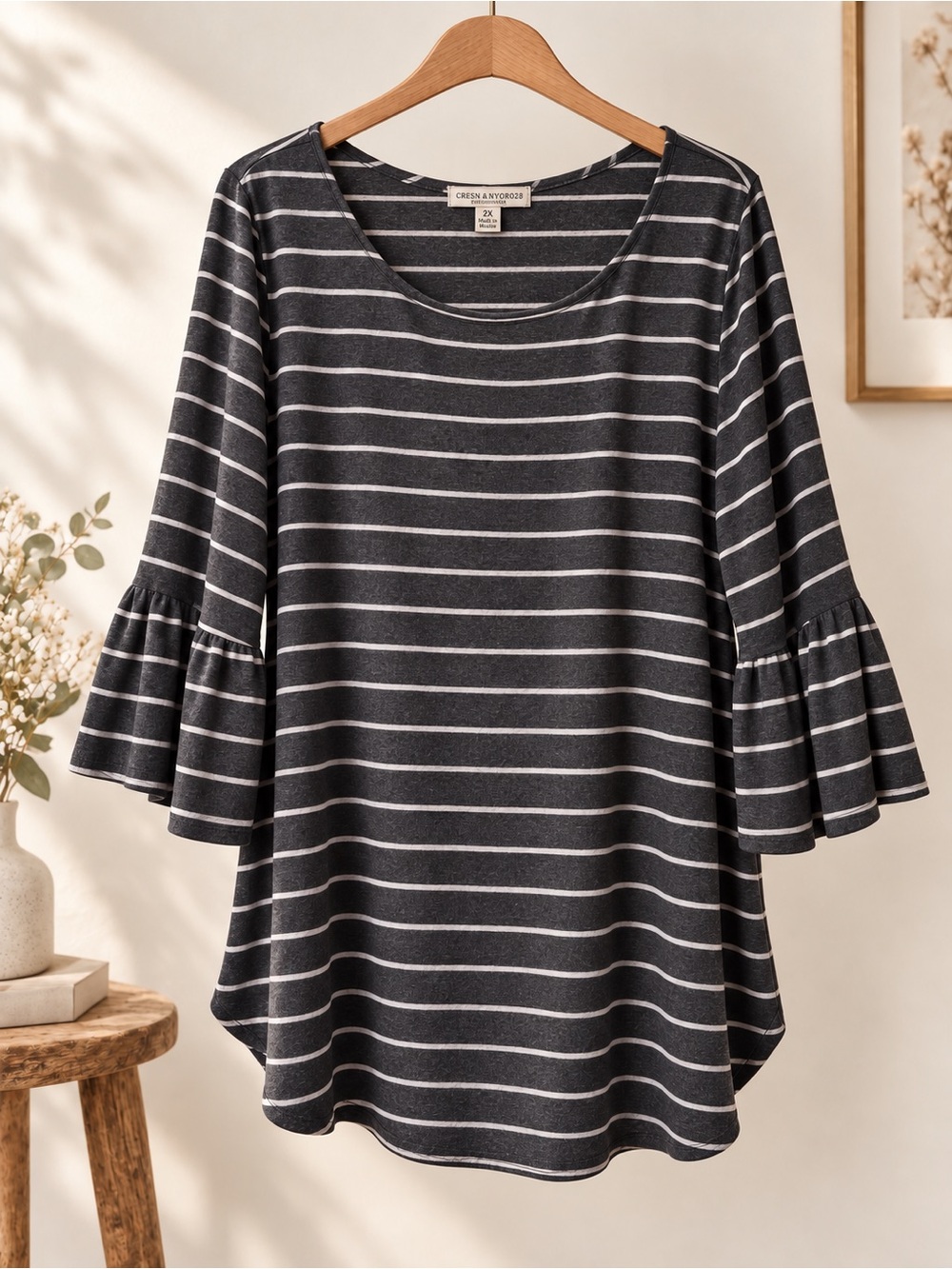 Striped Bell Sleeve Swing Top Gray White 2X - Green Envelope